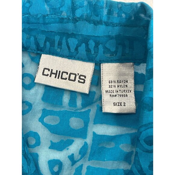 Chicos Womens Sheer Teal Abstract Button Up Blouse Size 2 Short Sleeve Pockets - Picture 4 of 8